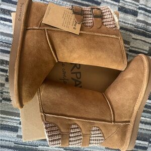 BearPaw Tan Suede Boots with Plaid Detail